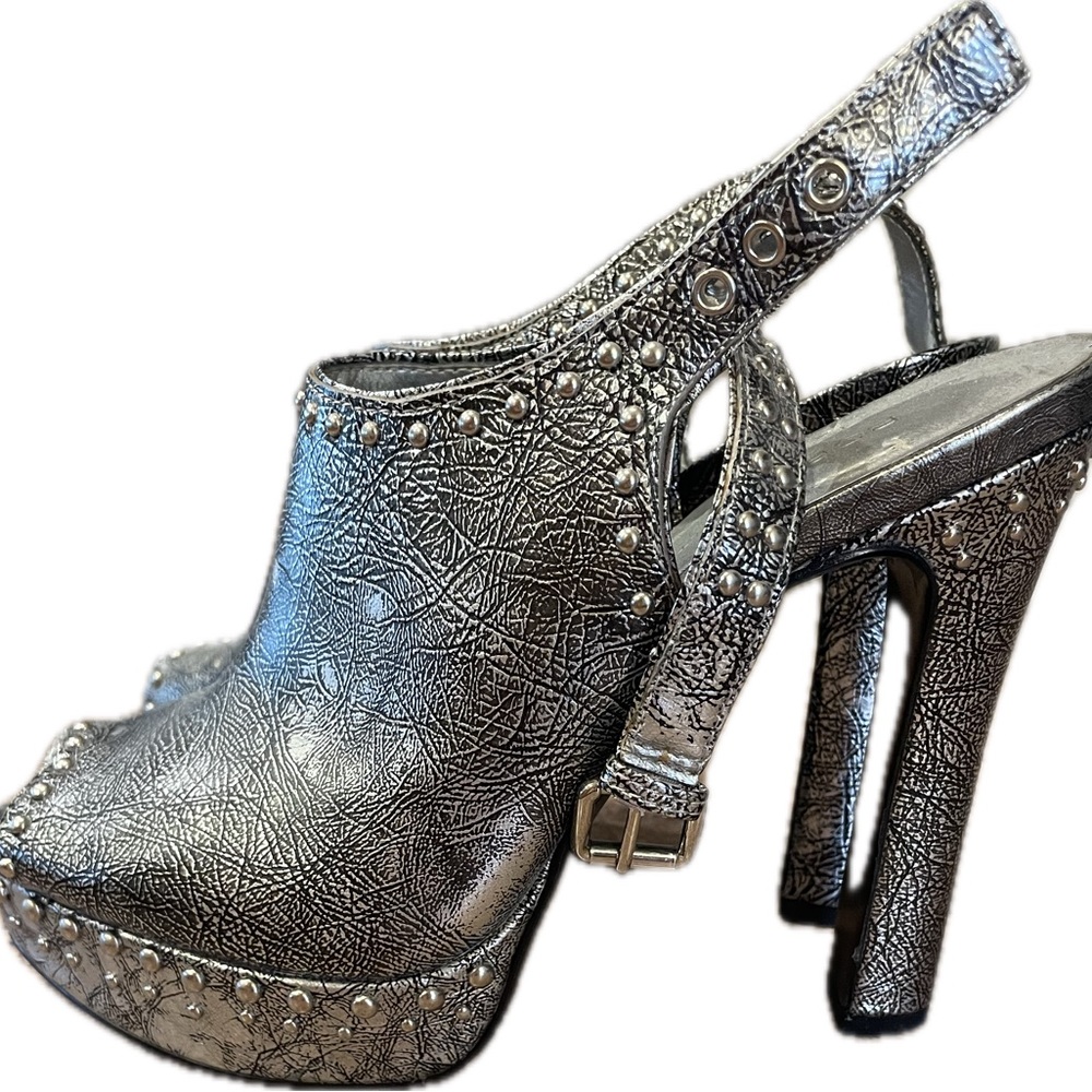 BCBG Generation Silver Studded Heels; 7.5